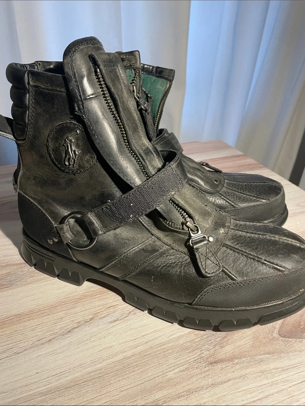 Vintage Polo by Ralph Lauren Black Leather Men’s Zip-Front Strap Boots